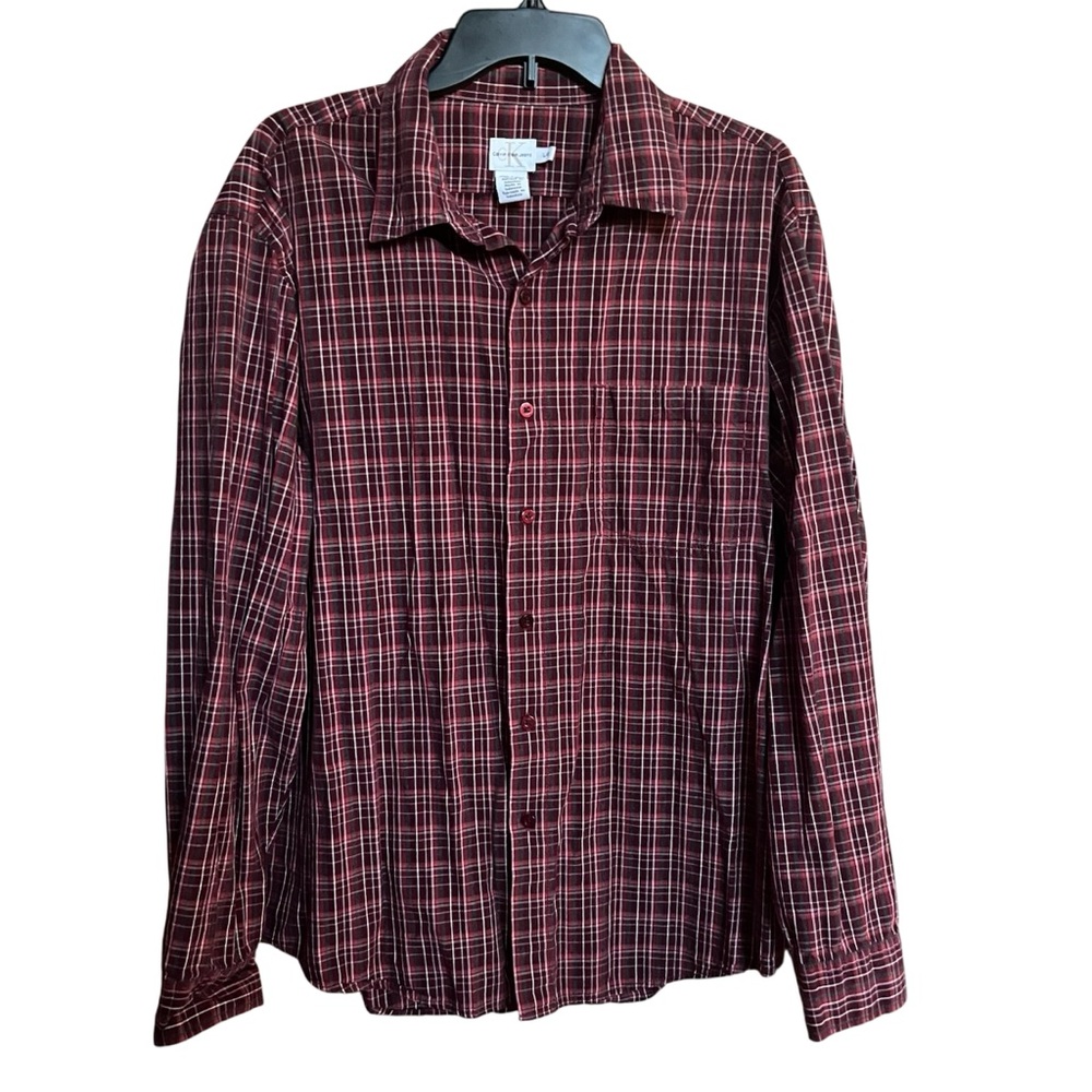 Calvin Klein Jeans Mens Button Front Short Sleeve Cotton Plaid Shirt size large